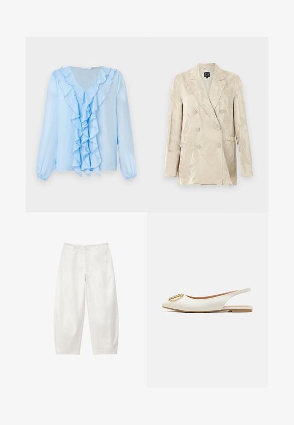 Beige dobbeltradet blazer med subtilt blomsterprint, hakkede revers, lange ærmer, to forlommer og seks matchende knapper.; Lyseblå bluse med V-hals og rynket frontdetalje. Lange ærmer har elastiske manchetter, og stoffet ser glat og letvægtigt ud.; Hvide bukser med høj talje og vide ben med bæltestropper, frontsyninger og sidelommer, vist på en ensfarvet hvid baggrund.; Hvide læder slingback flade sko med spidse tæer og en stor oval guldfarvet detalje med rhinsten foran. Flad brun sål.