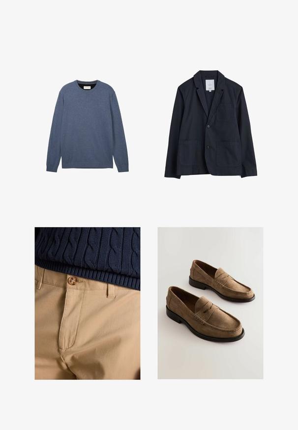 Seasalt Cornwall TOWEN LONG SLEEVE - Blazere - inkwell; Crewneck sweater i mørkeblå, fremstillet af blødt stof med en glat tekstur, der har lange ærmer og ribbede manchetter samt kant.; Nærbillede af beige bukser med knaplukning kombineret med navyblå kabelstrikket sweaterkant.; Brune ruskinds loafers med en mokkasin-design, syet detaljer og en glat lædersål. Har en diskret hævet søm over vristen.