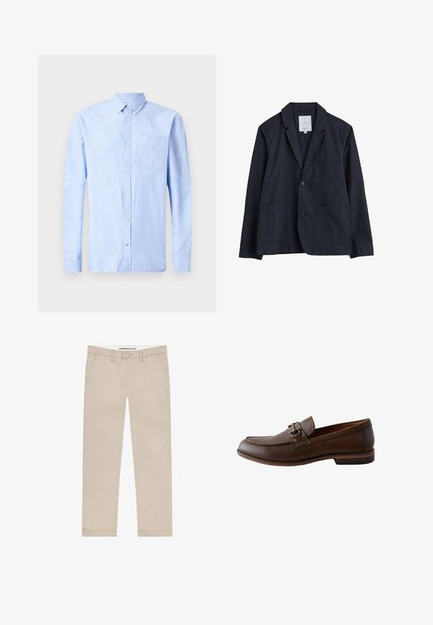 Seasalt Cornwall TOWEN LONG SLEEVE - Americana - inkwell; Camisa de manga larga azul clara, confeccionada en una tela suave, que presenta un cuello abotonado y un solo bolsillo en el pecho.; Pantalones chinos beige hechos de tela de mezcla de algodón, con diseño de pierna recta, bolsillos delanteros y cierre de botón en la cintura.; Mocasín de hombre de cuero marrón con detalle de pieza metálica, punta redondeada y tacón bajo apilado, mostrado de perfil sobre fondo blanco.
