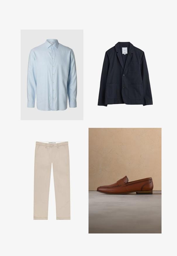 Seasalt Cornwall TOWEN LONG SLEEVE - Blazerjasje - inkwell; Lichtblauwe lange mouwen shirt van zachte stof, met een klassieke kraag en een knoopsluiting aan de voorkant met zes bijpassende knopen.; Beige chino's gemaakt van een katoenmengsel, met een recht model, steekzakken aan de voorkant en een knoopsluiting in de taille.; Bruine leren loafer die boven een beige tapijt zweeft, met een onscherpe lichtbruine bank op de achtergrond.