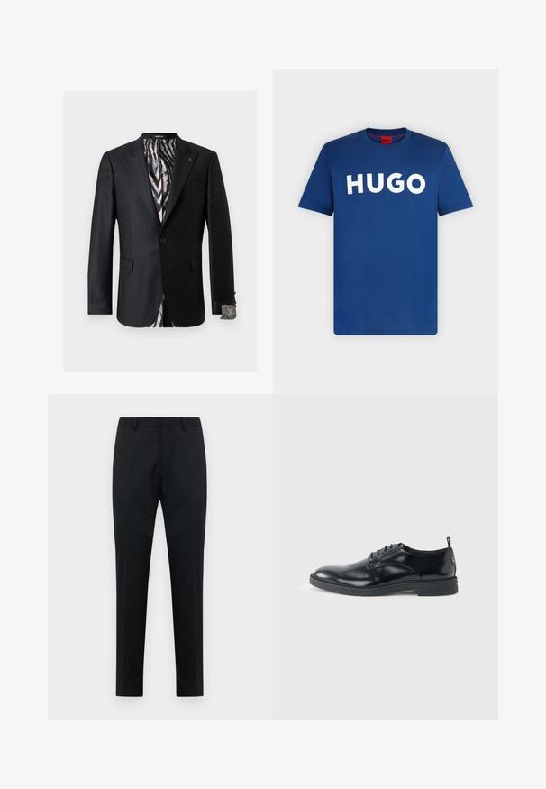 Sort skræddersyet blazer med diskret tekstureret mønster, inderfor med zebra-striber og matchende manchet detaljer, lukning med enkelt knap.; Blå kortærmet t-shirt med rund halsudskæring og stort hvidt "HUGO"-tekst på brystet samt en rød indvendig nakkemærkat.; Sorte skræddersyede herreformelle bukser med bæltestropper, glat front og lige ben på en hvid baggrund.; Blank sort læder dresssko med lav hæl, snørelukning og rund tå, vist fra siden på ensfarvet lys baggrund.