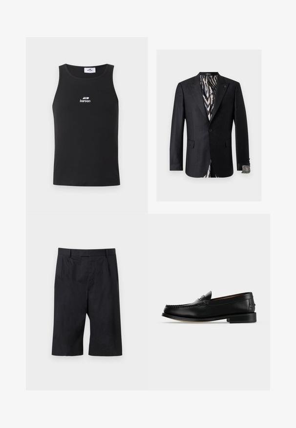 Blazer noir ajusté avec un motif texturé subtil, doublure intérieure à rayures zèbre et détail assorti sur les poignets, fermeture à un bouton.; Débardeur noir sans manches en maille côtelée avec encolure ronde et logo blanc « bareen » centré sur la poitrine.; Shorts noirs sur mesure longueur genou avec passants pour ceinture et plis à l'avant, posés à plat sur un fond gris clair.; Mocassin homme en cuir noir avec un petit talon et une couture de style mocassin sur l'avant, vu de côté sur un fond uni.