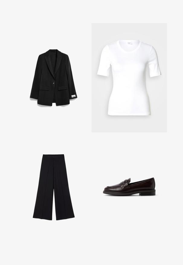 Blazer noir à bouton unique avec revers à cran, poches à rabat et une étiquette rectangulaire blanche sur le poignet droit.; T-shirt blanc à manches courtes en coton lisse, doté d'un col rond et d'une coupe ajustée. Design classique, sans motifs ni accents.; Pantalon noir à jambes larges avec une taille haute et des plis subtils à l'avant, posé à plat sur un fond blanc.; Mocassin en cuir marron avec une finition lisse, présentant une bande surélevée cousue sur le devant et un petit talon. Design simple, forme classique.