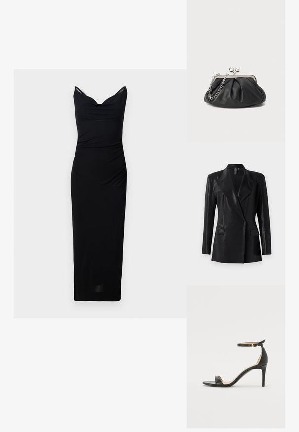 Schwarzer Blazer mit glänzender Oberfläche, ausgestattet mit einem Reverskragen, zwei Fronttaschen und einer figurbetonten Silhouette. Lange Ärmel vervollständigen das Design.; Schwarzes, tailliertes Kleid mit V-Ausschnitt und dünnen Trägern. Hergestellt aus glattem Stoff, verfügt es über seitliche Raffung und einen knielangen Saum.; Schwarze Leder-high-heeled Sandale mit Knöchelriemen. Verfügt über eine glatte Textur, offene Zehen und einen dünnen Absatz. Goldfarbener Schnallenakzent.; Schwarze Leder-Clutch mit geraffter Textur, silberfarbener Metallrahmen, Druckverschluss und Kettenriemen. Glatte, weiche Oberfläche.