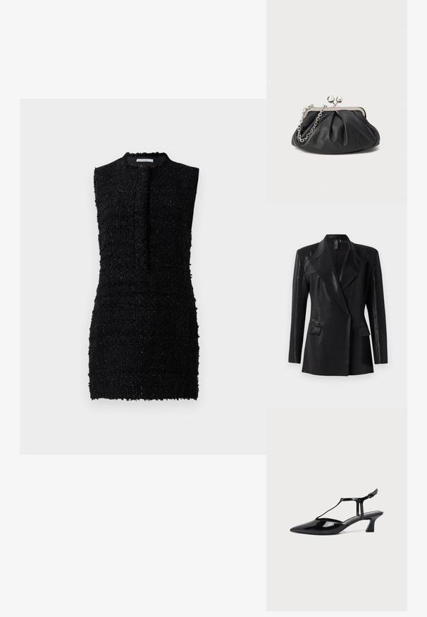 Zwarte blazer met een glanzende afwerking, voorzien van een geknipt revers, twee voorzakken en een getailleerd silhouet. Lange mouwen ronden het ontwerp af.; Zwart mouwloos jurk van textuurstof met een iets loszittende pasvorm, met een hoge halslijn en minimale details.; Zwarte lakleren lage hak slingback damesschoen met een spitse neus en een dunne band met een kleine gesp.; Zwarte leren clutch met geplooide textuur, zilverkleurig metalen frame, drukknopsluiting en kettingriem. Glad, zacht oppervlak.