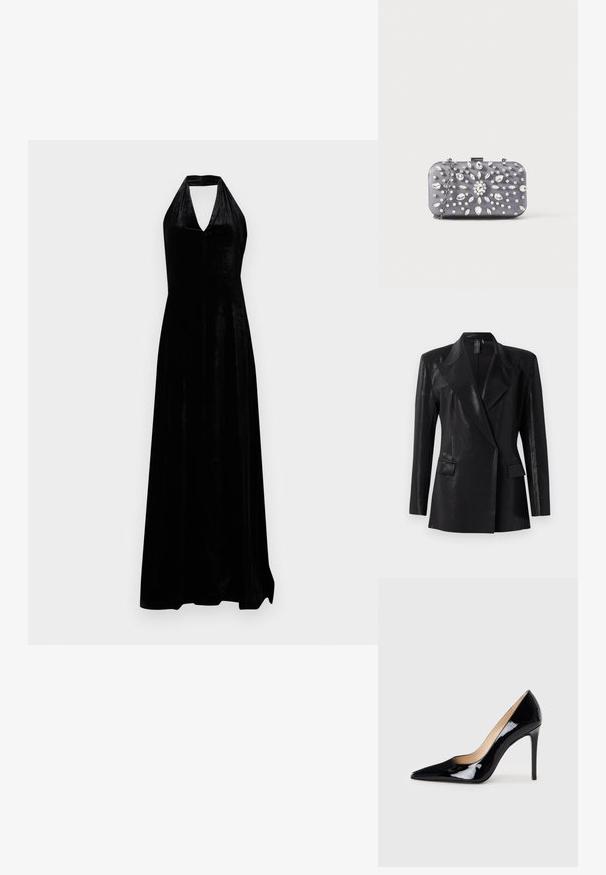 Sort blazer med en blank finish, der har en notch lapel, to frontlommer og en tætsiddende silhuet. Lange ærmer fuldender designet.; Sort fløjl halterneck aftenkjole med dyb V-udskæring og gulvlængde nederdel på ensfarvet hvid baggrund.; Sorte lakerede højhælede sko med en spids tå-design og en strømlinet silhuet. Har en glat, skinnende finish og en slank stiletto-hæl.; Lille rektangulær mørkegrå clutch pyntet med klare rhinsten i et strålende mønster og en sølvkæde som strop.