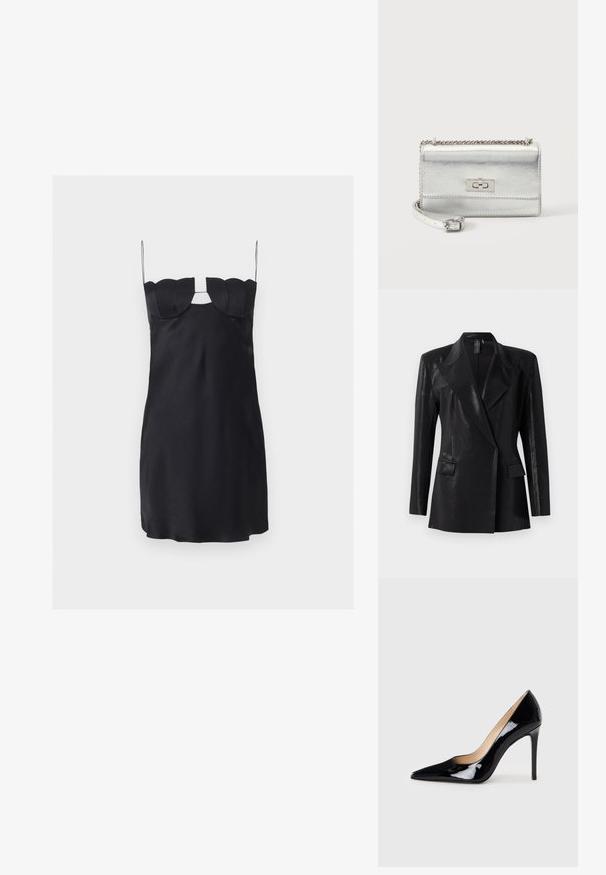 Sort blazer med en blank finish, der har en notch lapel, to frontlommer og en tætsiddende silhuet. Lange ærmer fuldender designet.; Sort minikjole med struktureret bølgeformet bryst, tynde spaghetti- stropper og en nøglehulskæring under halsudskæringen.; Sorte lakerede højhælede sko med en spids tå-design og en strømlinet silhuet. Har en glat, skinnende finish og en slank stiletto-hæl.; Lille rektangulær sølv metallic håndtaske med kæderem, frontklap og rektangulært drejelås-lukning.