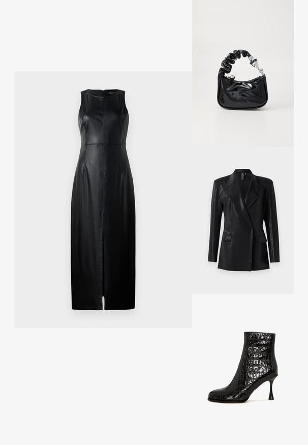 Blazer negro con acabado brillante, que presenta un cuello de muesca, dos bolsillos frontales y una silueta ajustada. Las mangas largas completan el diseño.; Vestido negro sin mangas de cuero, con un diseño ajustado, corte a la altura de la rodilla y una sutil abertura frontal. Detalle de cierre de cremallera en la parte posterior.; Botines negros con un acabado brillante y una textura de patrón de cocodrilo, punta afilada y un tacón de aguja único. Fabricados en material sintético.; Bolso de material charol negro con un asa arrugada, herrajes plateados, forma redondeada, cierre de cremallera y textura suave y brillante.