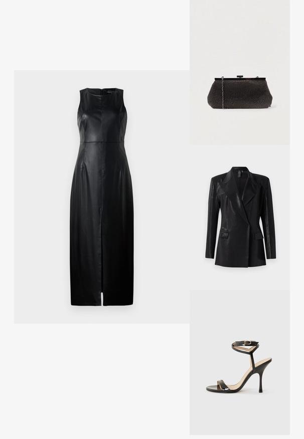 Blazer negro con acabado brillante, que presenta un cuello de muesca, dos bolsillos frontales y una silueta ajustada. Las mangas largas completan el diseño.; Vestido negro sin mangas de cuero, con un diseño ajustado, corte a la altura de la rodilla y una sutil abertura frontal. Detalle de cierre de cremallera en la parte posterior.; Sandalia de tacón alto de charol negro con tira delgada en el tobillo y hebilla, punta abierta y tacón aguja esbelto sobre fondo blanco.; Bolso de mano negro de malla con una silueta estructurada, adornado con pequeños tachuelas metálicas, que cuenta con un cierre de broche y una correa de cadena desmontable.