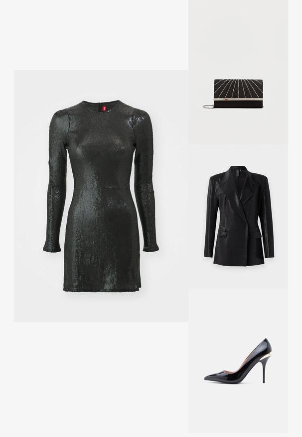 Blazer negro con acabado brillante, que presenta un cuello de muesca, dos bolsillos frontales y una silueta ajustada. Las mangas largas completan el diseño.; Vestido negro de lentejuelas con mangas largas, escote redondo, corte ajustado al cuerpo y cremallera en la parte posterior. Presenta una textura suave y un acabado brillante.; Zapato de tacón alto de cuero de charol negro con punta afilada y un detalle dorado en el talón. Textura suave y silueta elegante.; Bolso de mano negro con textura suave, que presenta líneas con tachuelas plateadas que irradian desde el centro, con un cierre metálico plateado y una correa de cadena.