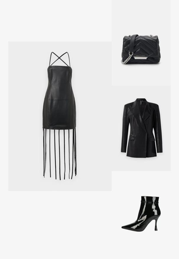 Zwarte blazer met een glanzende afwerking, voorzien van een geknipt revers, twee voorzakken en een getailleerd silhouet. Lange mouwen ronden het ontwerp af.; Zwarte leren jurk met dunne kruisbande, strakke lijfje en franjes die uit de zoom hangen. Gladde textuur en minimalistisch ontwerp.; Zwarte gepatineerde leren enkelboot met puntige neus, glanzende afwerking, slank ontwerp en een smalle stilettohak. Decoratieve riemaccenten.; Zwarte leren handtas met chevron-gequilte patroon, zilveren kettingriem en een metalen logo-accent. Compact rechthoekig model.