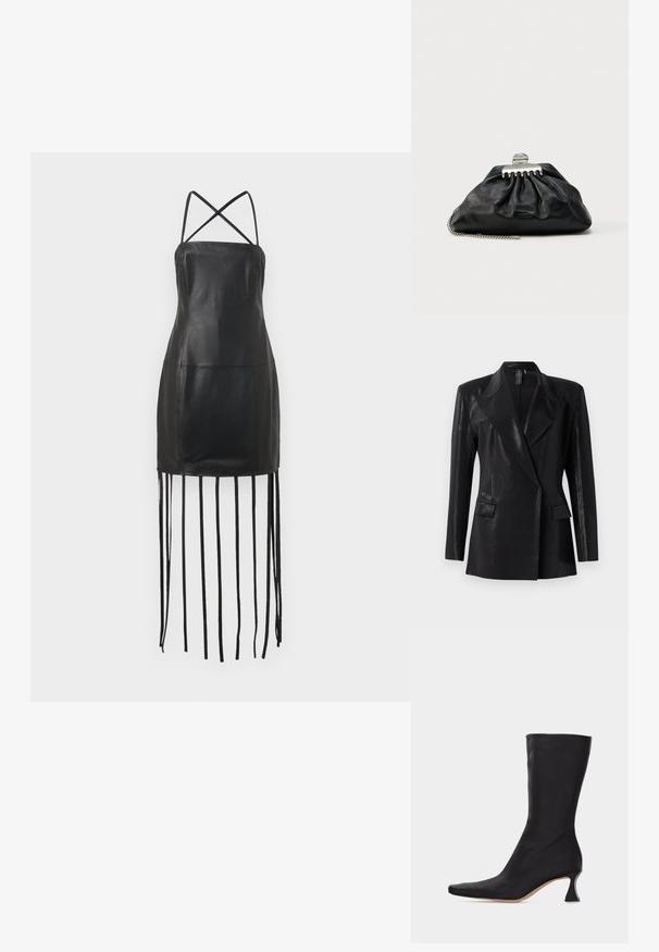 Blazer negro con acabado brillante, que presenta un cuello de muesca, dos bolsillos frontales y una silueta ajustada. Las mangas largas completan el diseño.; Vestido de cuero negro con finas tirantes cruzados en la espalda, cuerpo ajustado y detalles de flecos colgando del dobladillo. Textura suave y diseño minimalista.; Bota negra de cuero hasta la mitad de la pantorrilla con punta puntiaguda y tacón bajo curvado, sobre un fondo claro y liso.; Bolso de mano de cuero negro con diseño fruncido, cierre de herrajes plateados y correa de cadena. Marca sutil grabada en relieve en la parte delantera.