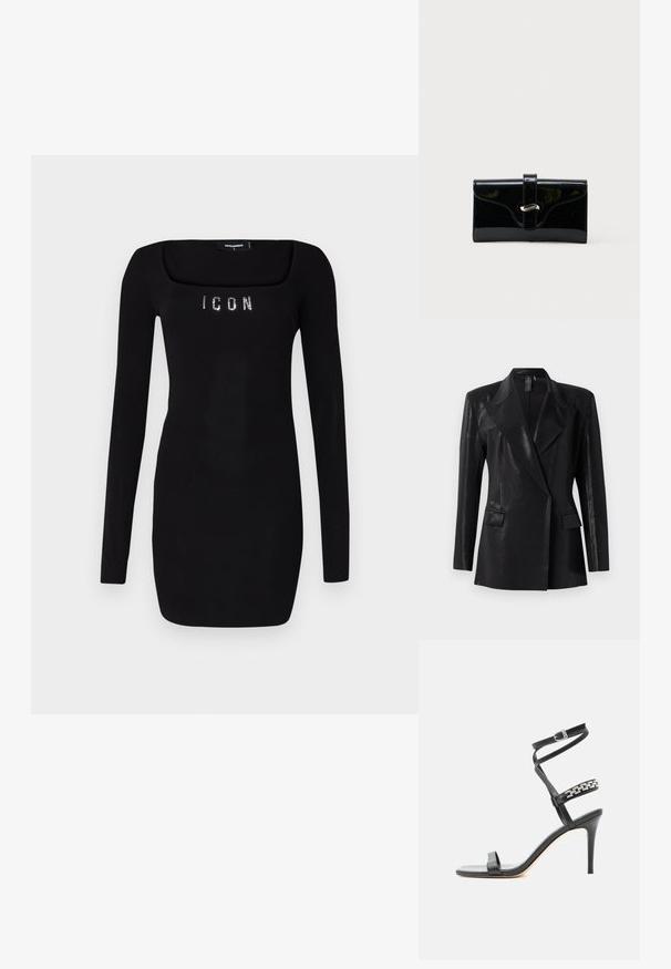 Blazer negro con acabado brillante, que presenta un cuello de muesca, dos bolsillos frontales y una silueta ajustada. Las mangas largas completan el diseño.; Vestido negro de manga larga con escote cuadrado, que presenta 'ICON' en piedras brillantes en el pecho, fabricado con un tejido liso y elástico.; Sandalia negra de tacón alto con tira delgada en el tobillo, tira en la parte media del pie decorada con eslabones de cadena plateados y diseño de punta abierta.; Cartera rectangular negra y brillante con una correa frontal y cierre de broche metálico plateado, colocada sobre un fondo blanco liso.