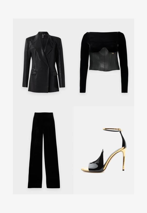 Sort blazer med en blank finish, der har en notch lapel, to frontlommer og en tætsiddende silhuet. Lange ærmer fuldender designet.; Sort langærmet top med en struktureret læderliv med en glat tekstur, en bred halsudskæring og en guldaccent på siden.; Sorte fløjl brede bukser med høj talje, plisseret front og glat tekstur, designet til en afslappet pasform.; Sort laklæder høje hælsandal med gyldent stiletthæl, gyldent ankremed spænde og åben tå-design.