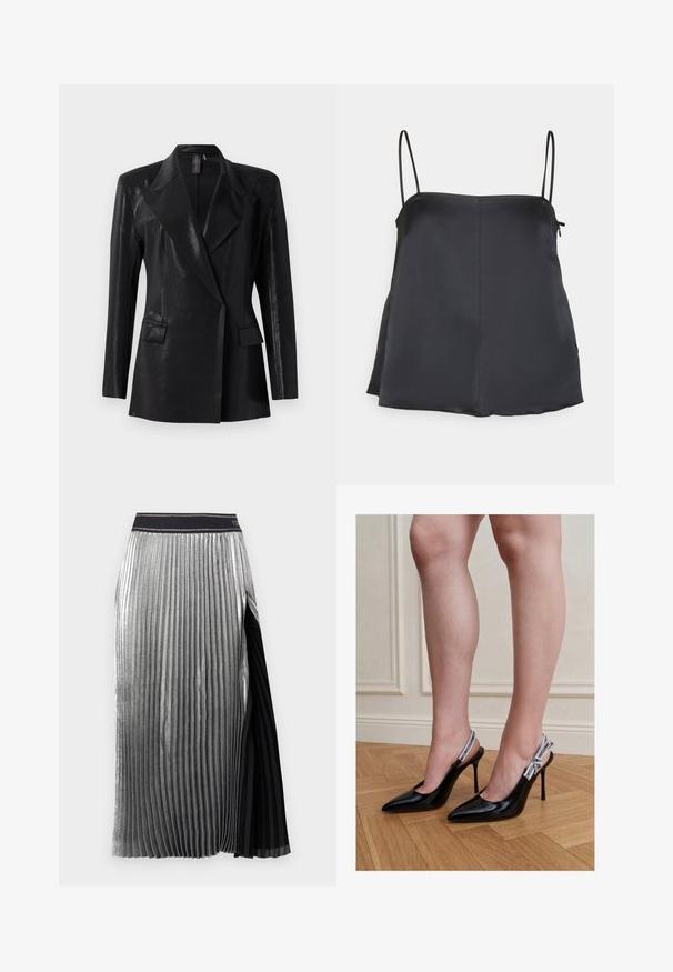Musthääriline jope läikiva viimistlusega, millel on nurgeline krae, kaks esikot ja vormitud siluett. Pikkade varrukatega täiendab disaini.; House of Dagmar SHINY STRAP TOP - Topp - dark navy; Kroomunud hõbedane plisseeritud seelik musta külgpaneeliga, millel on lai vöökoht ja vertikaalsed voldid, luues elegantselt tekstiilse välimuse.; Naine, kes kannab musta läikiva nahaga kõrgete kontsadega slingback kingi, millel on valged bränditud rihmad, seisab puitpõrandal.