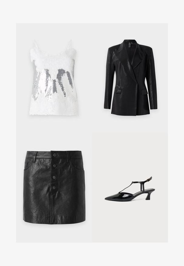 Blazer noir à finition brillante, avec un col à revers, deux poches avant et une silhouette ajustée. Des manches longues complètent le design.; Débardeur en dentelle blanche avec un corsage en sequins argentés créant un effet dégradé. Bretelles fines ajustables et ourlet en dentelle festonnée.; Jupe en cuir noir avec une taille haute, fermeture à bouton sur le devant, deux poches latérales et une forme légèrement évasée. Fini texturé.; Chaussure slingback femme en cuir verni noir à talon bas, bout pointu et fine bride avec petite boucle.