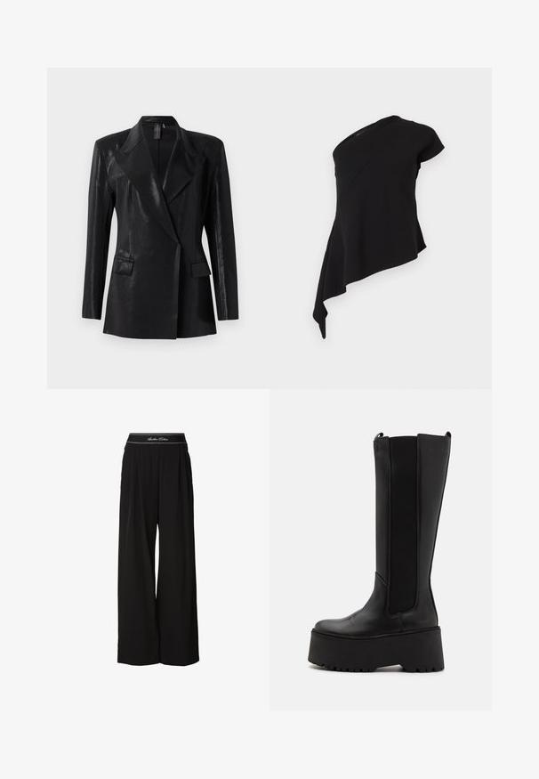 Schwarzer Blazer mit glänzender Oberfläche, ausgestattet mit einem Reverskragen, zwei Fronttaschen und einer figurbetonten Silhouette. Lange Ärmel vervollständigen das Design.; Schwarzes asymmetrisches Oberteil mit einem kurzen Ärmel und einem fließenden, drapierten Saum auf einer Seite vor einem weißen Hintergrund.; Schwarze weit geschnittene Hose aus weichem Stoff, mit einem kontrastierenden Bund mit weißen Schriftzügen und Plisseedetails vorne.; Schwarze knielange Stiefel mit glattem Lederoberteil, elastischen Seitenpaneelen und einer dicken Plateausohle mit rutschfester Unterseite.
