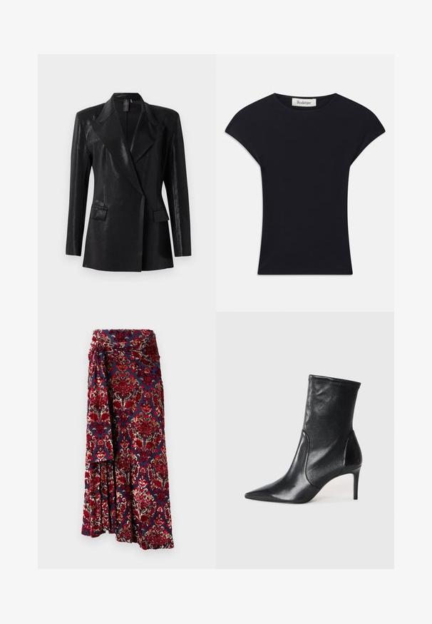Schwarzer Blazer mit glänzender Oberfläche, ausgestattet mit einem Reverskragen, zwei Fronttaschen und einer figurbetonten Silhouette. Lange Ärmel vervollständigen das Design.; Schwarzes Kurzarmoberteil aus weichem Stoff, mit einem runden Ausschnitt und einer figurbetonten Form, die subtile Schulterakzente setzt. Etikett sichtbar.; Rabanne Maxirock - tapestry/navy/burgundy/red/cream; Schwarze Stiefeletten aus glattem Leder, mit einer spitzen Zehe, schmalem Schaft und schlanker, hoher Ferse. Minimalistisches Design ohne sichtbare Beschläge.