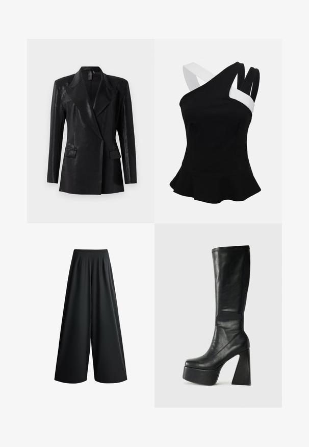 Schwarzer Blazer mit glänzender Oberfläche, ausgestattet mit einem Reverskragen, zwei Fronttaschen und einer figurbetonten Silhouette. Lange Ärmel vervollständigen das Design.; Schwarzes ärmelloses Peplum-Top mit asymmetrischem Ausschnitt und kontrastierenden weißen und schwarzen Schulterriemen vor einfarbigem Hintergrund.; Schwarze, weit geschnittene Hose mit hoher Taille und fließendem Stoff, vor weißem Hintergrund dargestellt.; Schwarze Lederstiefel bis zum Knie mit einer klobigen Plattform und geometrischem hohen Absatz. Glatte Textur mit gesteppten Details am oberen Rand.