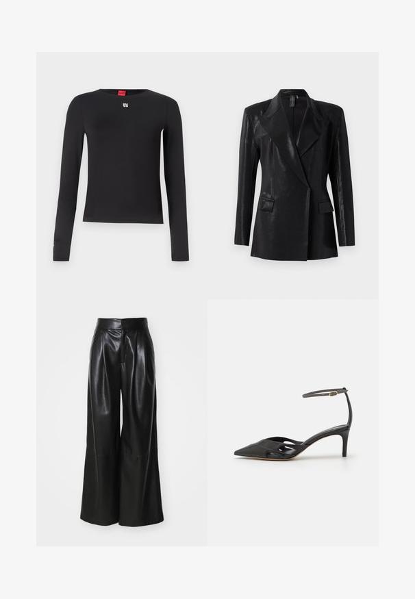 Sort blazer med en blank finish, der har en notch lapel, to frontlommer og en tætsiddende silhuet. Lange ærmer fuldender designet.; Sort langærmet skjorte lavet af glat stof. Har en rund halsudskæring og et lille sølvlogo på brystet. Minimalistisk design.; Sorte faux læder brede bukser med høj talje, plisseret foran og glat tekstur. Har et rent, minimalistisk design.; Sort læder højhælet sko med spids tå, åbne sider og en tynd ankelrem med en lille guld detalje.