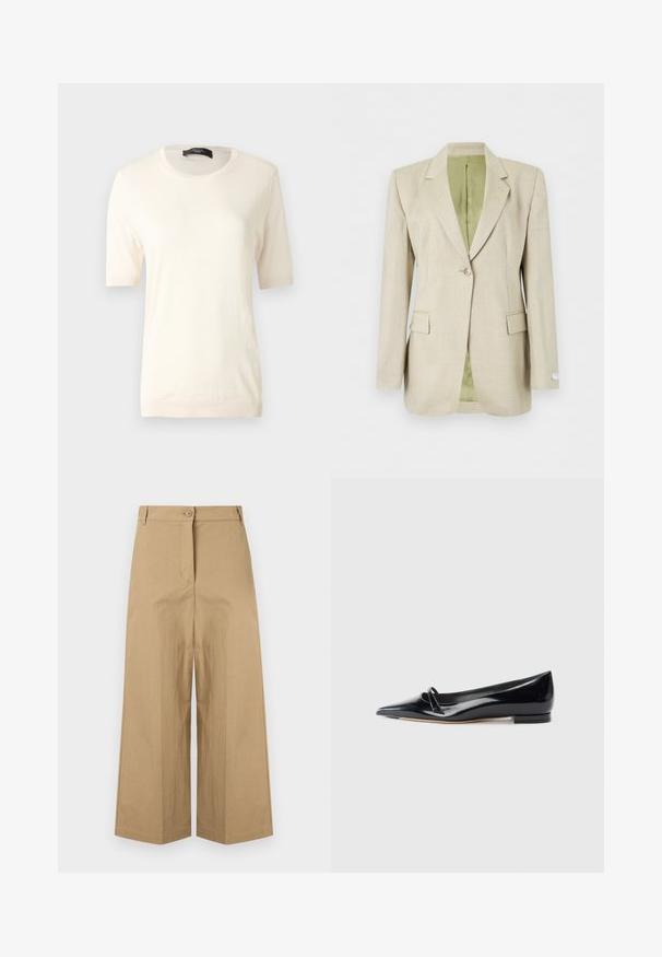 Blazer beige à un bouton, avec revers crantés, poches à rabat et doublure intérieure vert clair, présenté sur fond blanc.; Haut en tricot crème à manches courtes avec un col rond, des poignets et un ourlet côtelés, présenté sur un fond gris uni.; Pantalon beige taille haute à jambes larges, avec passants pour ceinture, fermeture avant par boutons et une fermeture éclair cachée.; Chaussure plate en cuir verni noir avec un bout pointu, une petite lanière décorative et un petit talon carré. Texture lisse et design épuré.