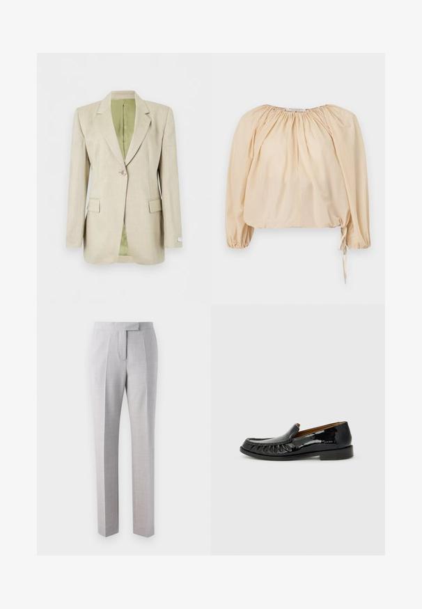 Beige blazer met één knoop, met inkeping rever, klepzakken en lichtgroene binnenvoering, afgebeeld tegen een witte achtergrond.; Blouse met pofmouwen, in beige, van lichtgewicht katoen. Kenmerkt een geplooid halsontwerp en een trekkoord aan de onderkant voor een verstelbare pasvorm. Soepele textuur.; Lichtgrijze op maat gemaakte pantalon van fijn geweven stof met een gladde voorkant, plooien en een rechte pijp. Zit op de taille.; Zwarte gepatineerde leren loafers met een franjes ontwerp aan de voorkant en een ronde neus. De zool is plat en voorzien van textuur voor grip.