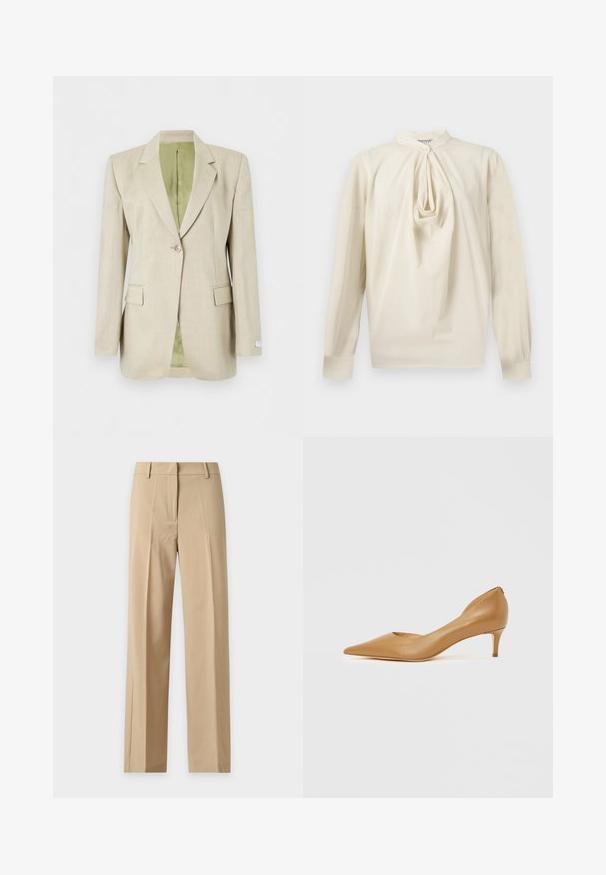 Blazer beige à un bouton, avec revers crantés, poches à rabat et doublure intérieure vert clair, présenté sur fond blanc.; Blouse crème à manches longues avec détail plissé en forme de trou-de-serrure sur le devant et col montant, fermeture par bouton au niveau du cou et manches avec poignets.; Pantalon beige droit avec passants pour ceinture, pli à l'avant et fermeture avant dissimulée, présenté sur un fond uni clair.; Escarpin en cuir marron à bout pointu avec un petit talon, présentant un design ajouré sur le côté pour plus de détails et une texture lisse.