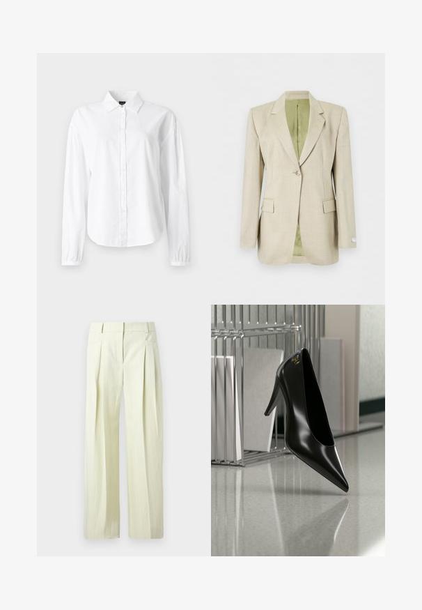 Beige én-knaps blazer med hakkraver, lommesømme og lys grøn indvendig foer, vist mod en hvid baggrund.; Hvid langærmet skjorte med krave, knaplukning foran og snerrede manchetter. Fremstillet af blødt, letvægtsmateriale med en glat tekstur.; Kremfarvede bukser med vide ben og fine lodrette nålestriber, forreste læg, sidelommer og bæltestropper.; Sort højhælet sko med spids tå og guldlogo, placeret på en reflekterende overflade nær en krom trådfilholder med dokumenter.