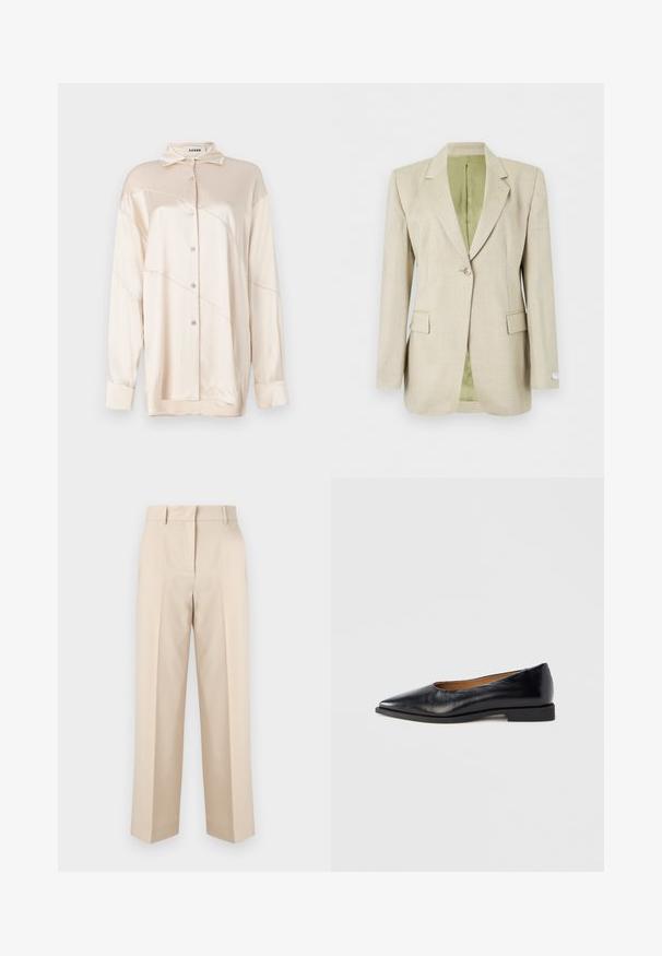 Beige blazer met één knoop, met inkeping rever, klepzakken en lichtgroene binnenvoering, afgebeeld tegen een witte achtergrond.; AERON ABIGAIL SHIRT - Overhemdblouse - silver; Beige, op maat gemaakte broek met hoge taille, riemlussen en rechte pijpen, afgebeeld tegen een effen witte achtergrond.; Zwarte leren platte schoen met een puntige neus en een lage, vierkante hak. Gladde textuur, minimalistisch ontwerp, zonder zichtbare sieraden of patronen.