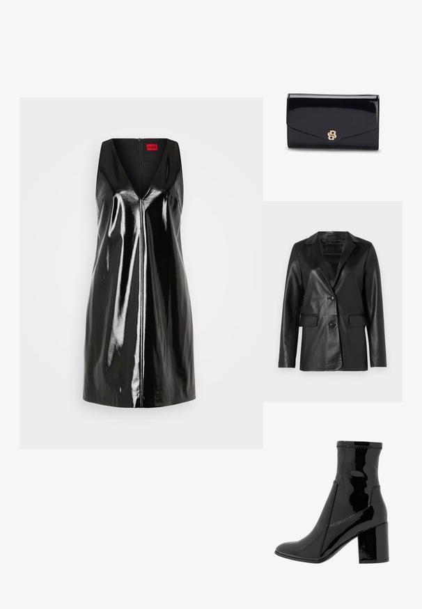 Zwarte leren blazer met een getailleerde pasvorm, geknipte revers, één knoop sluiting, twee voorkleppen en een gladde, glanzende textuur.; Zwarte mouwloze jurk met een V-hals en glanzende, reflecterende afwerking; heeft een centrale ritssluiting en een minimalistisch design.; Zwarte patenten enkellaarsjes met een gladde textuur, een spitse neus en een gestructureerde blokhak. Heeft een ritsvrije ontwerping en contrasterende stiksels.; Glanzende zwarte leren clutch met een goudkleurig doorlopend B-logo op de voorflap, gesloten weergegeven tegen een witte achtergrond.
