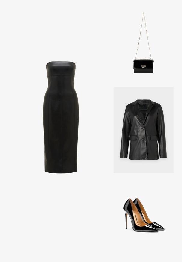 Sort læderblazer med en skræddersyet pasform, klapkrave, enkelt knaplukning, to frontlommer og en glat, blank overflade.; Sort, stropløs læderkjole med en tætsiddende silhuet, knælængde, glat overflade og lodrette sømme for definition.; Par af blanke sorte højhælede sko i laklæder med spids tå og stiletter samt lysebrun indvendig foret på hvid baggrund.; Sort patentlæder håndtaske med en guldkæde-strop, rektangulær form, med en frontklaplukning og et metallisk logo-accent.
