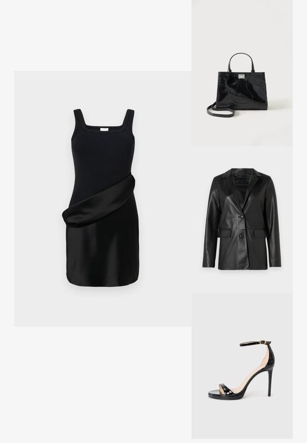 Zwarte leren blazer met een getailleerde pasvorm, geknipte revers, één knoop sluiting, twee voorkleppen en een gladde, glanzende textuur.; Zwarte jurk met een geribd tanktop met vierkante halslijn en een gladde, gedrapeerde satijnen rok. Het ontwerp combineert contrasterende texturen.; Zwarte patenten hoge hakken sandaal met enkelbandje en gouden gesp, open teen en slanke stilettokant op een effen achtergrond.; Zwarte handtas van lakleer met afgeronde handgrepen, een afneembare schouderriem en zilveren sluiting op een effen witte achtergrond.