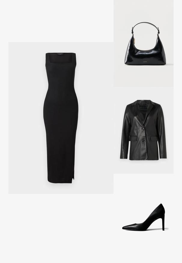Sort læderblazer med en skræddersyet pasform, klapkrave, enkelt knaplukning, to frontlommer og en glat, blank overflade.; Sort ribbet strikket midi-kjole med firkantet udskæring, tætsiddende silhuet og slids i siden. Materialet har en glat tekstur. Simpelt design.; Sort læder damesko med spids tå og høj, slank stilet-hæl på hvid baggrund.; Sort blank Calvin Klein håndtaske med gyldent lynlås og kort rem mod en ensfarvet hvid baggrund.