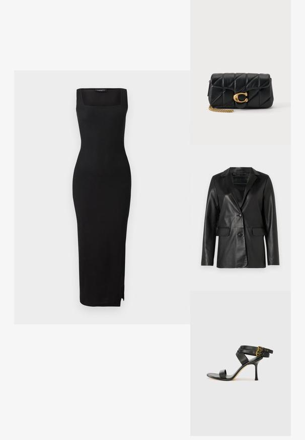 Sort læderblazer med en skræddersyet pasform, klapkrave, enkelt knaplukning, to frontlommer og en glat, blank overflade.; Sort ribbet strikket midi-kjole med firkantet udskæring, tætsiddende silhuet og slids i siden. Materialet har en glat tekstur. Simpelt design.; Sort hæl-sandal med krydsede stropper og justerbar spænde. Har en glat overflade og spids stilettohæl.; Sort quiltet læderclutch med guldfarvet metal kæde og stor guldfarvet "C" logo lukning på frontklappen.