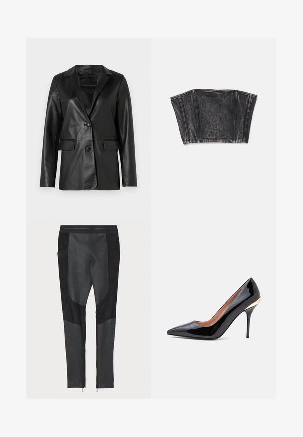 Blazer en cuir noir avec une coupe ajustée, revers crantés, fermeture à un bouton, deux poches avant et une texture lisse et brillante.; Bustier en denim noir au design structuré, avec des coutures verticales et une forme ajustée et courte. Surface texturée avec un léger dégradé.; Pantalons noirs alliant des textures en suède et en denim. Coupe slim avec poches latérales et zips aux chevilles. Surface lisse avec des panneaux distincts.; Chaussure à talon haut en cuir verni noir à bout pointu avec un talon aiguille fin et un accent doré près du contrefort.