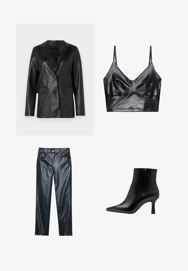 Sort læderblazer med en skræddersyet pasform, klapkrave, enkelt knaplukning, to frontlommer og en glat, blank overflade.; Sorte, skinnende bralette med tynde justerbare stropper, der har en V-udskæring, glat tekstur og subtil samling ved brystet for form.; Sorte faux læderbukser med krokodillestruktur, der har en frontknaplukning og fire lommer. Lige ben-design.; Sort læder ankelstøvle med spids tå, høj stilettohæl, glat tekstur og minimalistisk design. Inkluderer en lynlåslukning bagpå.