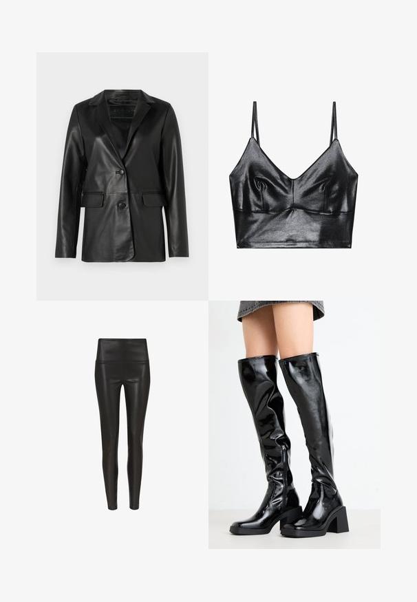 Sort læderblazer med en skræddersyet pasform, klapkrave, enkelt knaplukning, to frontlommer og en glat, blank overflade.; Sorte, skinnende bralette med tynde justerbare stropper, der har en V-udskæring, glat tekstur og subtil samling ved brystet for form.; Højtaljede sorte leggings i kunstlæder med en glat, blank finish og en tætsiddende silhuet, der snævrer ind ved anklen. Ingen synlige sømme.; Sorte, glansende støvler til knæene med en firkantet tå og kraftig hæl. Har en sidelukning med lynlås og et tætsiddende, struktureret design.