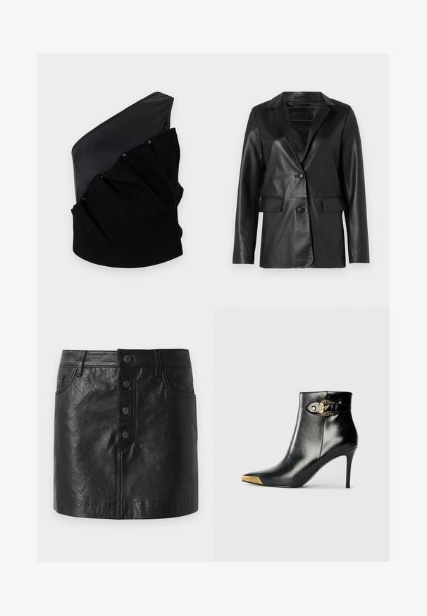 Blazer en cuir noir avec une coupe ajustée, revers crantés, fermeture à un bouton, deux poches avant et une texture lisse et brillante.; Haut asymétrique noir avec un panneau en cuir lisse et un tissu tricoté texturé, doté de détails froncés et de boutons-pression.; Jupe en cuir noir avec une taille haute, fermeture à bouton sur le devant, deux poches latérales et une forme légèrement évasée. Fini texturé.; Bottine noire en cuir brillant, avec un bout pointu, un talon aiguille, et des accessoires dorés ornés d'une boucle décorative.