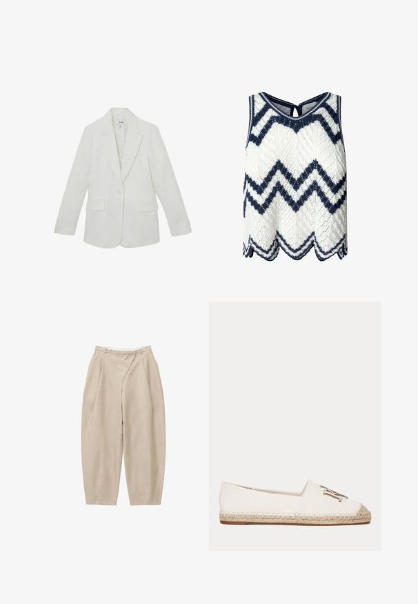 Witte enkelnappige blazer met notch-revers, lange mouwen en twee voorflapzakken, plat uitgestald op een witte achtergrond.; Lace-gehaakt tanktop in wit en marineblauw, met een chevronpatroon, geschulpte rand en een sleutelgat sluiting aan de achterkant. Katoenmix textuur.; Beige broek met hoge taille en wijde pijpen, met plooien, riemlussen en een voornaad, weergegeven op een witte achtergrond.; Witte canvas espadrille met geweven jutezool en metalen decoratief embleem aan de voorkant.