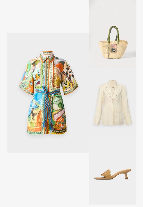 Faithfull the brand SOLEIL - Blazer - sand; Kleurvol overhemd met korte mouwen, versierd met gemengde patronen, een kraag en een strikceintuur. De materialen lijken lichtgewicht, met gevarieerde graphics en accenten.; Beige open-toe mule met een lage kittenhak en een geweven, circulaire decoratieve band over de voorkant.; Geweven beige strooien tas met gevlochten groene en zwarte handvatten en een kleurrijke rechthoekige patch aan de voorkant.