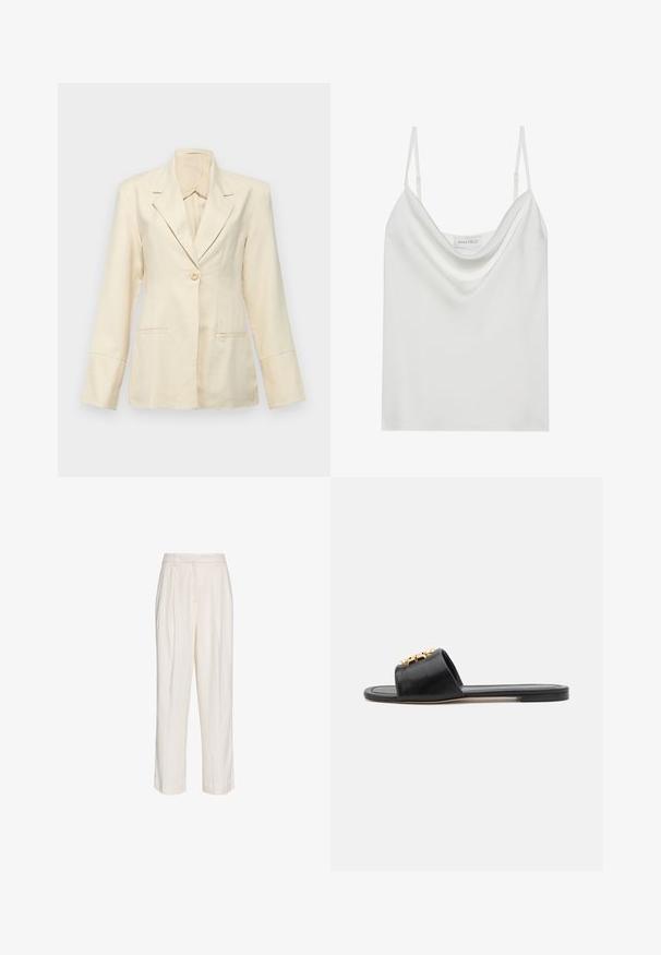 Faithfull the brand SOLEIL - Blazer - sand; Camisole en satin blanc avec un décolleté drapé, des fines bretelles réglables et une base droite. L'étiquette "ANNA FIELD" est visible à l'intérieur.; Pantalon blanc taille haute sur mesure avec plis, passants de ceinture et jambes droites, présenté sur un fond blanc uni.; Sandales slides en cuir noir avec un bout ouvert, une semelle plate et un accent décoratif en or sur le dessus. Texture lisse avec un design minimal.