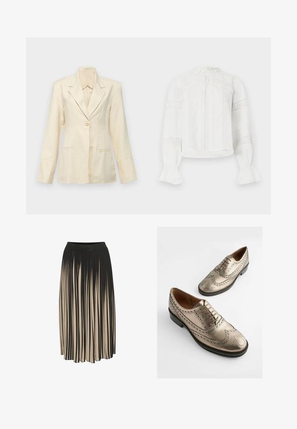 Faithfull the brand SOLEIL - Blazer - sand; Witte blouse met lange mouwen, voorzien van kanten panelen, een hoge geruite kraag en uitlopende manchetten, met verticale kanten strepen aan de voorkant en op de mouwen.; Plissé midi rok in zwart en beige met een hoge elastische tailleband, voorzien van verticale strepen en een vloeiende stijl voor beweging.; Metallisch bronzen leren schoenen met een wingtipontwerp, gedetailleerde perforaties en ronde veters. Vlakke zwarte zool met een gladde textuur.