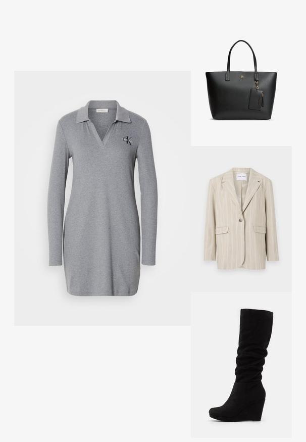 Beige gestreepte blazer met een enkele knoopsluiting, notched revers en twee voorzakken. Gemaakt van lichte stof met een soepele textuur.; Grijze lange mouw polo jurk gemaakt van zacht materiaal, met een V-halskraag en een klein geborduurd logo op de linkerkant van de borst.; Zwarte suede knielange wedge laarzen met een slouchy bovenkant, afgeronde neus en een gladde textuur. De wedge hak voegt hoogte en stabiliteit toe.; Zwarte leren handtas met dubbele handvaten, een klein bevestigd zwart zakje en een klein gouden logo in het midden aan de voorkant.