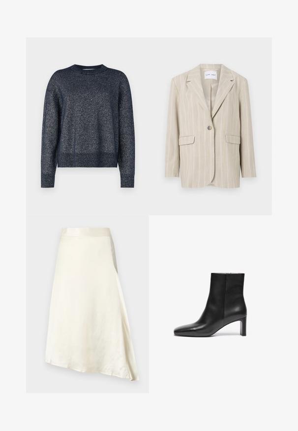 Beige stribet blazer med en enkelt knaplukning, skrå lapeller og to forlommer. Fremstillet af letvægtsstof med en glat tekstur.; Marineblå strikket sweater med rund halsudskæring, lange ærmer og en tekstureret overflade med subtile metalliske tråde throughout.; En cremefarvet nederdel i knæ-længde lavet af glat satin stof med en let glans. Har et A-formet design og en gathered talje for god pasform.; Sort læder ankelstøvle med spids tå, snæver hæl og glat tekstur; har en lynlåslukning i siden.