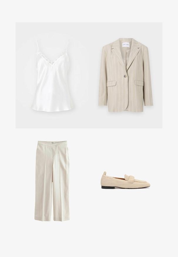 Blazer a rayas beige con cierre de un solo botón, solapas muestradas y dos bolsillos frontales. Fabricado con una tela ligera de textura suave.; Camiseta de satén blanco con encaje en el escote en V y tirantes ajustables. Textura suave, con dobladillo acampanado.; Next ASYMETRIC WAITBAND TAILORED WIDE LEG - Pantalones - neutral; Mocasín plano beige con superficie texturizada similar a piel de animal, suela negra y una amplia correa sobre la parte superior del zapato.