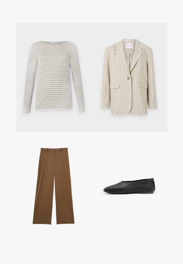 Beige stribet blazer med en enkelt knaplukning, skrå lapeller og to forlommer. Fremstillet af letvægtsstof med en glat tekstur.; TOM TAILOR STRIPED BOAT NECK - Langærmet T-shirt - taupe/offwhite; Reiss SOLENE WIDE LEG - Bukser - tan; Sort læderflad sko med rundet tå og lav hæl, designet til afslappet eller formelt brug.