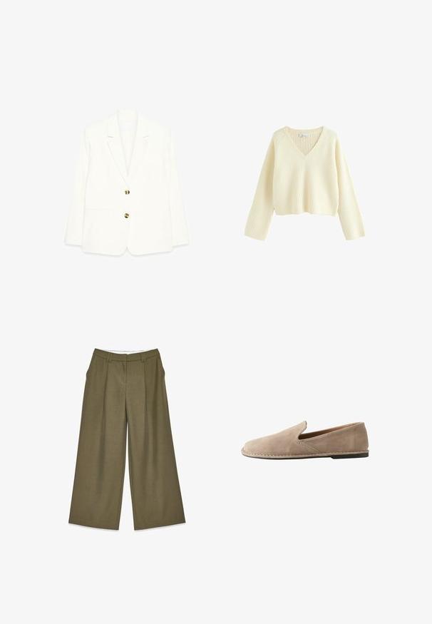 Hvid blazer med struktureret design, to frontlommer og tre gyldne knapper foran. Fremstillet af glat stof.; Cremefarvet, cropped sweater med ribbet tekstur, V-hals og lange ærmer. Har en afslappet pasform og et enkelt design.; Bredde bukser i olivengrønt stof med en struktureret overflade, der har frontfolder og et højt livdesign. Ingen synlig hardware.; Beige ruskind slip-on loafers med rund tå, lav flad hæl, syet sål og elastisk sideindsats for nem påtagning.