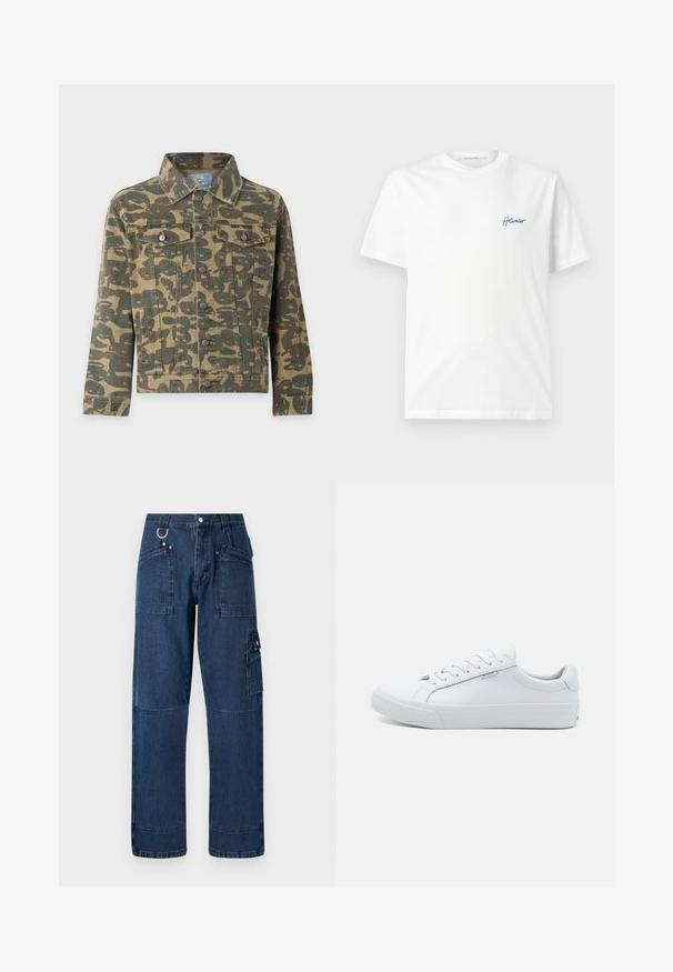 Grüne und braune Camouflage-Knopfleistenjacke mit Kragen, zwei Brustklappen mit Knöpfen und seitlichen Eingrifftaschen auf hellem Hintergrund.; Weißes T-Shirt mit kurzen Ärmeln und Rundhalsausschnitt mit kleinem blauem kursivem "Holzweiler" Logo auf der linken Brust.; Dunkelblaue Denim-Cargo-Hosen mit geradem Schnitt, ausgestattet mit mehreren Taschen, metallischen Beschlägen und Kontrastnähten.; Weiße Leder-Sneaker mit glatter Oberfläche, niedrigem Design, runder Spitze und flacher Gummisohle. Ausgestattet mit flachen Schnürsenkeln und minimaler Markenkennung.