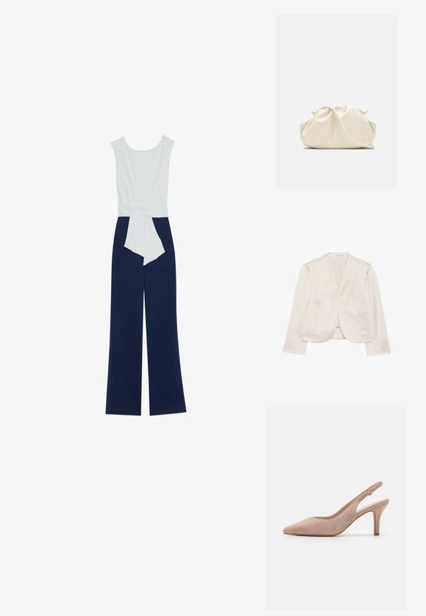 Witte op maat gemaakte blazer met een V-hals, lange mouwen en gestructureerde schouders. Glad materiaal met een subtiele glans, ronde zoomdetail.; Navyblauwe jumpsuit met een aansluitend wit lijfje, wijde broekspijpen en een tailleband. Glad materiaal met een strakke silhoutte en minimalistisch ontwerp.; Slingback hoge hak schoen in zacht beige suède, spitse neus, slanke hak en verstelbare enkelband met een ronde gesp.; Zachte, crèmekleurige leren clutch met geplooid, gerimpeld ontwerp en een dunne schouderriem die vooraan op een effen achtergrond ligt.
