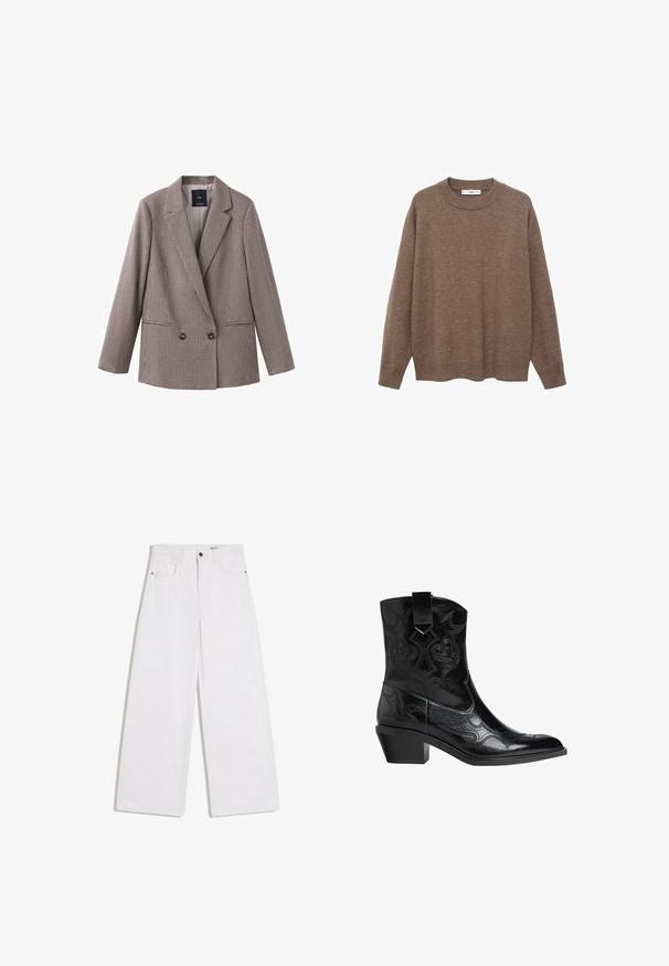 Doppelreihiger Blazer mit braun-cremigem Hahnentrittmuster. Verfügt über aufgesetzte Revers und zwei Fronttaschen. Glattes Innenfutter.; Brauner, gestrickter Pullover mit rundem Ausschnitt und langen Ärmeln. Verfügt über einen lockeren Schnitt und gerippte Bündchen sowie einen gerippten Saum für zusätzliche Textur.; Weiße Jeans mit weitem Bein, vorderen Taschen, Gürtelschlaufen und Knopfverschluss an der Taille.; Schwarze Leder-Cowboy-Stiefel mit spitzer Zehenform, dekorativen Nähten und niedrigem Blockabsatz. Verfügt über eine Zuglasche für einfaches Anziehen.